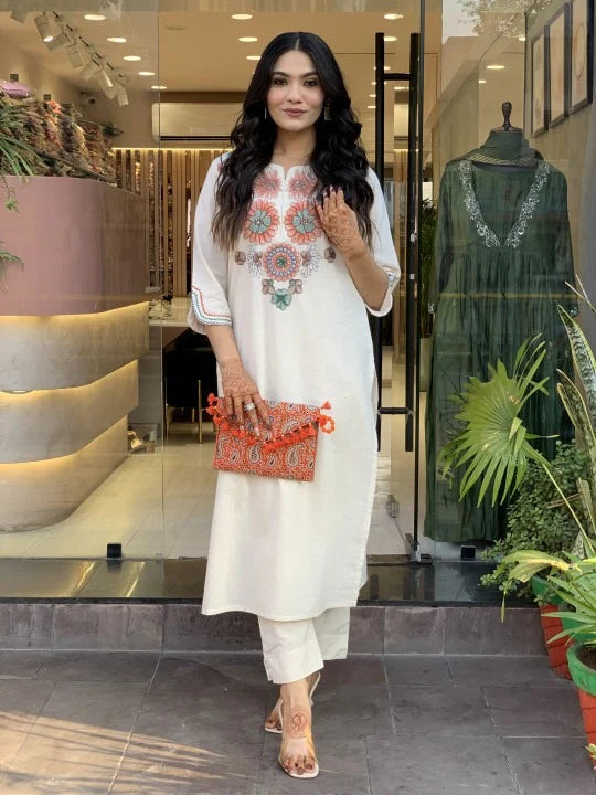 Off-white Khadi Cotton Suit Set for Women β Heavy Embroidery