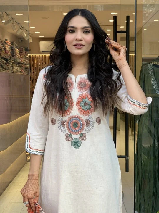 Off-white Khadi Cotton Suit Set for Women β Heavy Embroidery