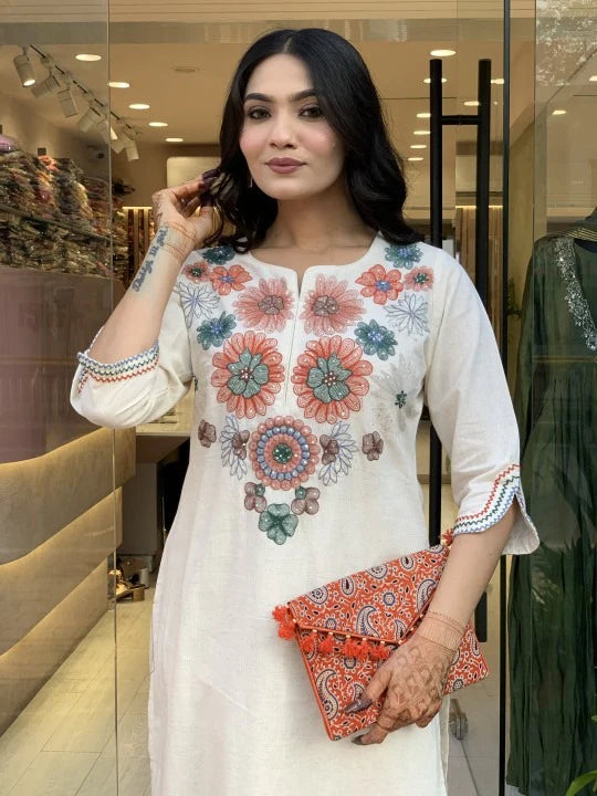 Off-white Khadi Cotton Suit Set for Women β Heavy Embroidery