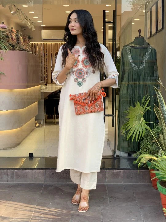 Off-white Khadi Cotton Suit Set for Women β Heavy Embroidery