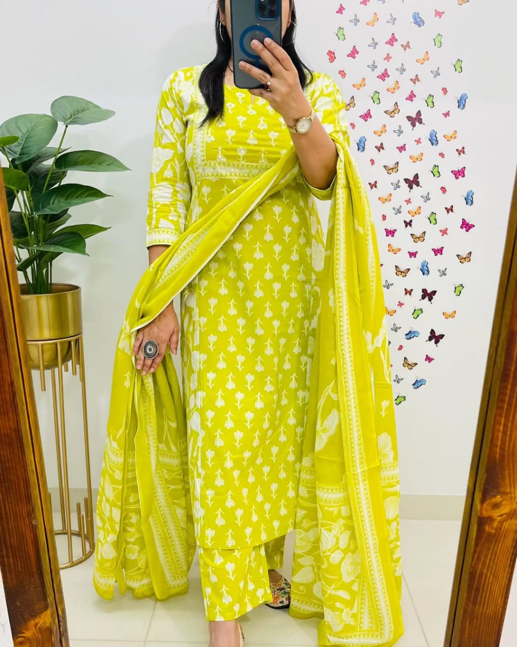 Yellow Printed Cotton Straight Kurta Suit With Dupatta