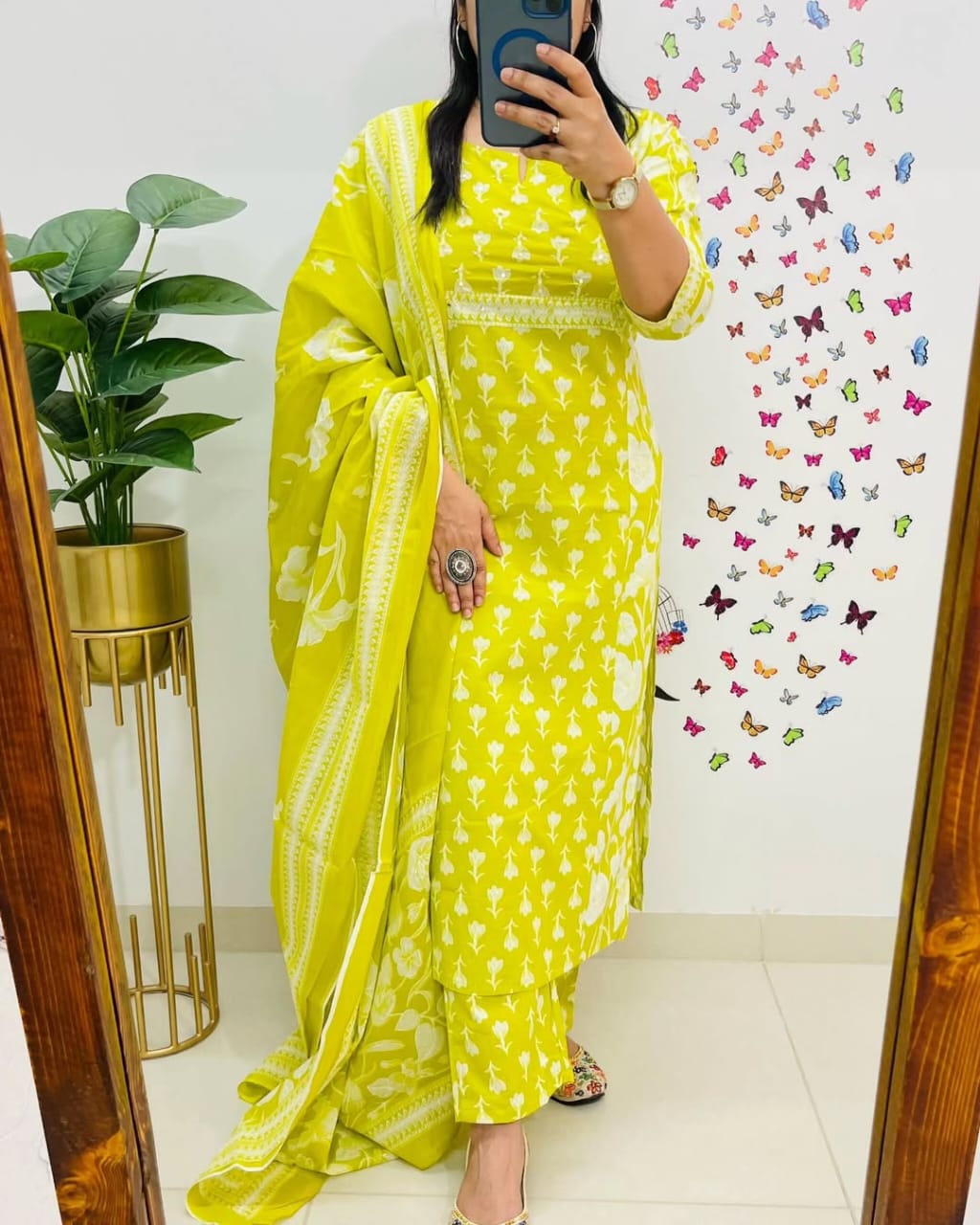 Yellow Printed Cotton Straight Kurta Suit With Dupatta