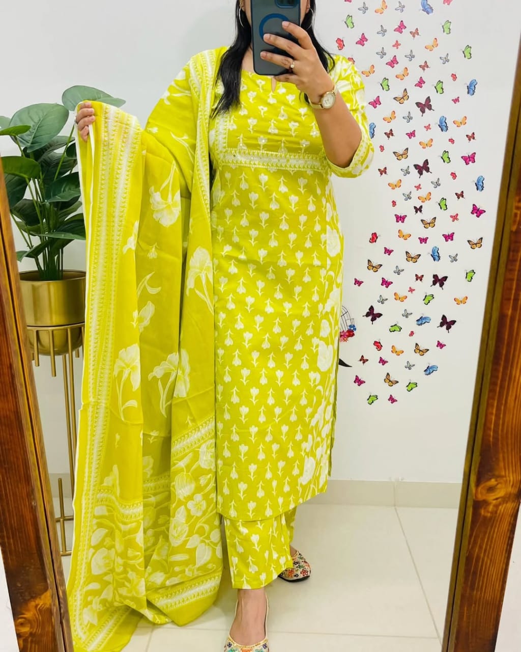 Yellow Printed Cotton Straight Kurta Suit With Dupatta