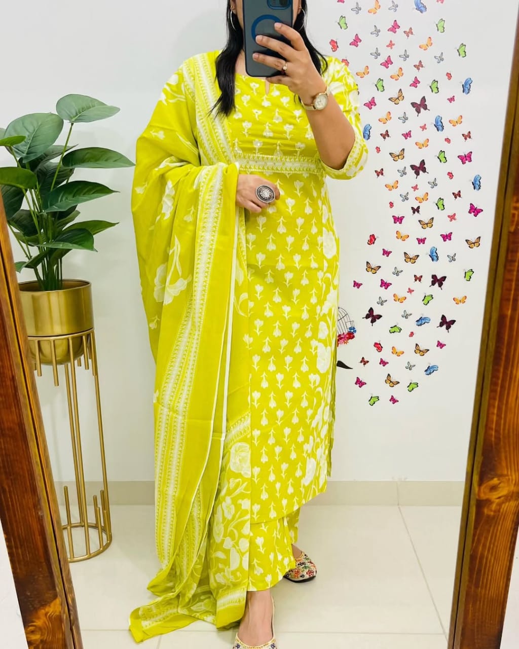 Yellow Printed Cotton Straight Kurta Suit With Dupatta
