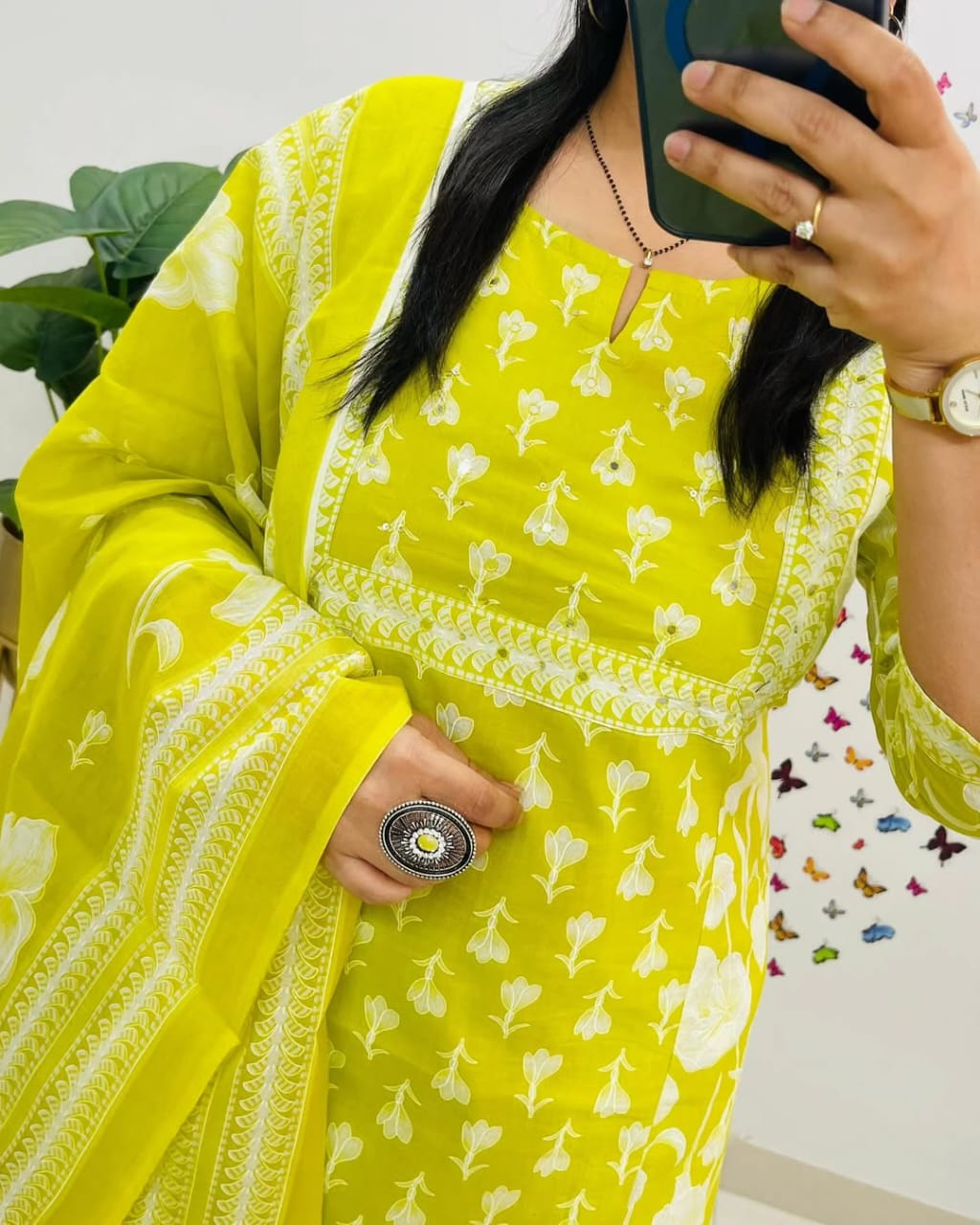 Yellow Printed Cotton Straight Kurta Suit With Dupatta