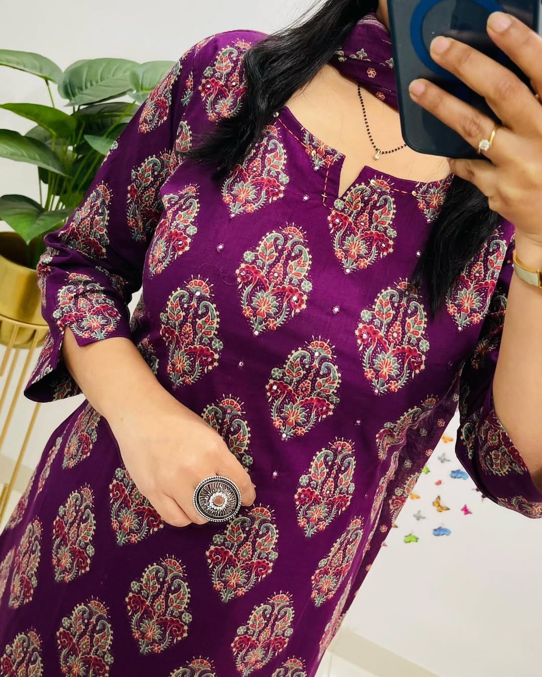 Purple Printed Cotton Straight Kurta Suit With Dupatta