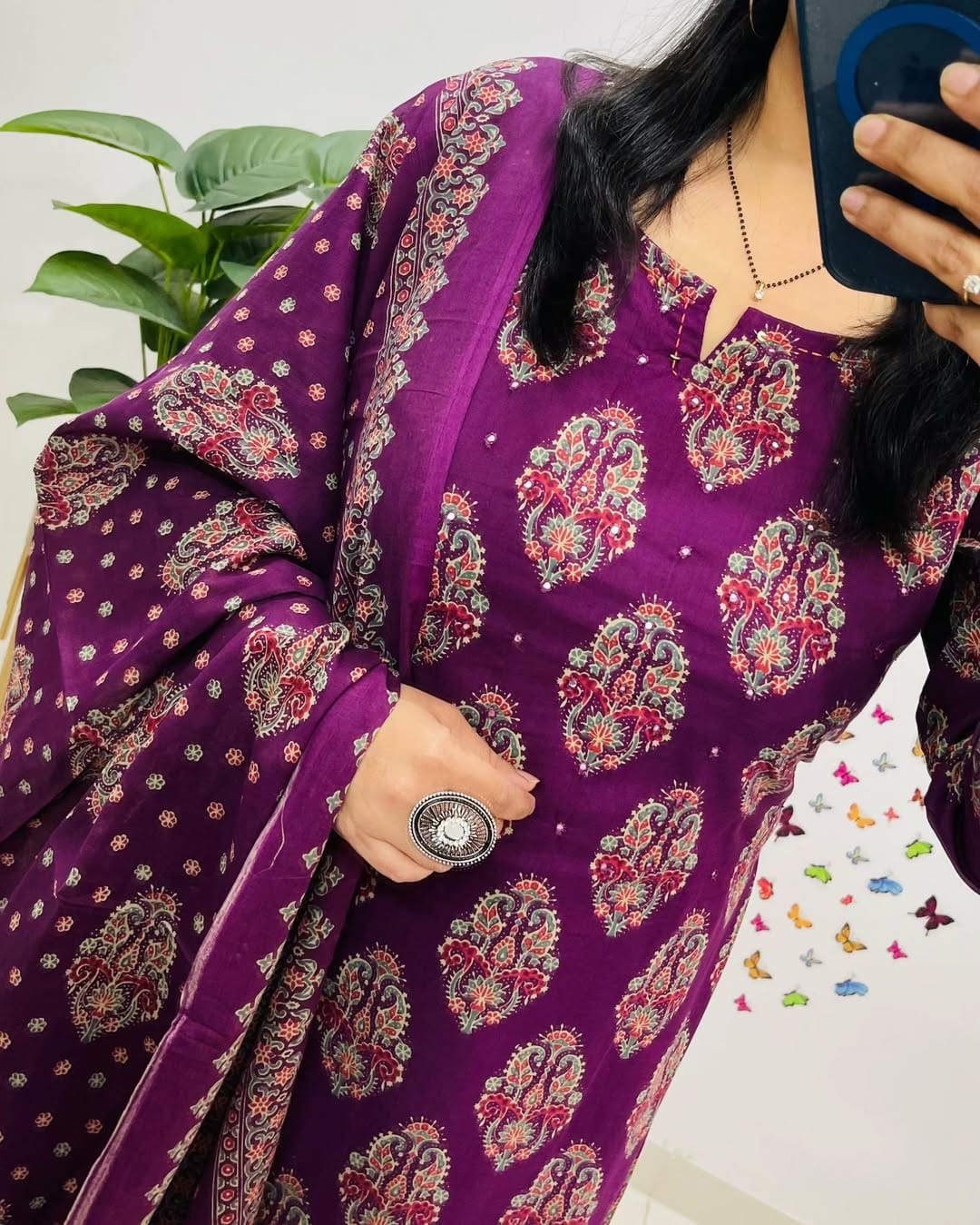 Purple Printed Cotton Straight Kurta Suit With Dupatta