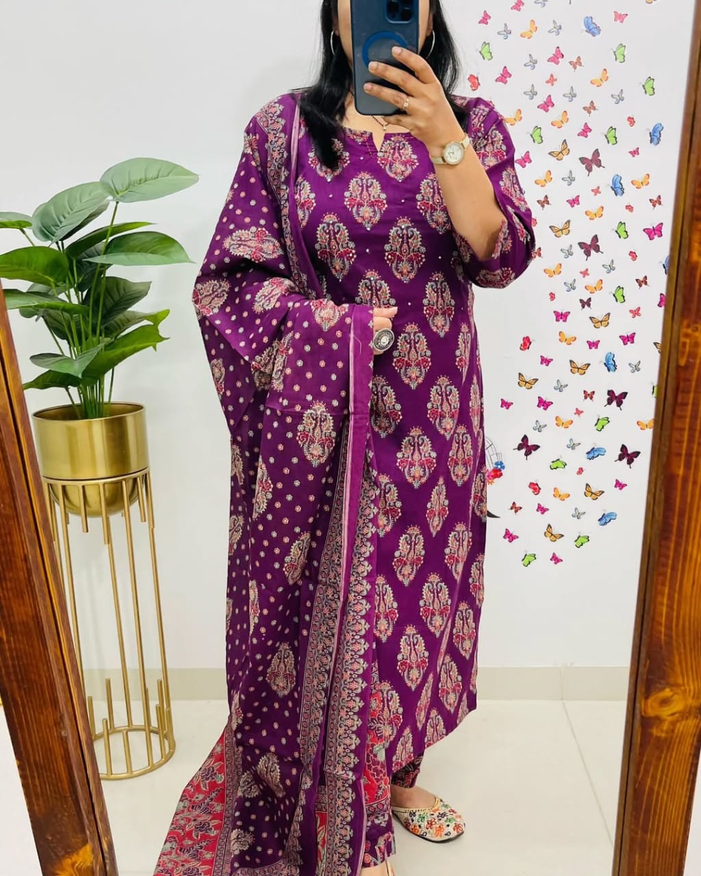 Purple Printed Cotton Straight Kurta Suit With Dupatta