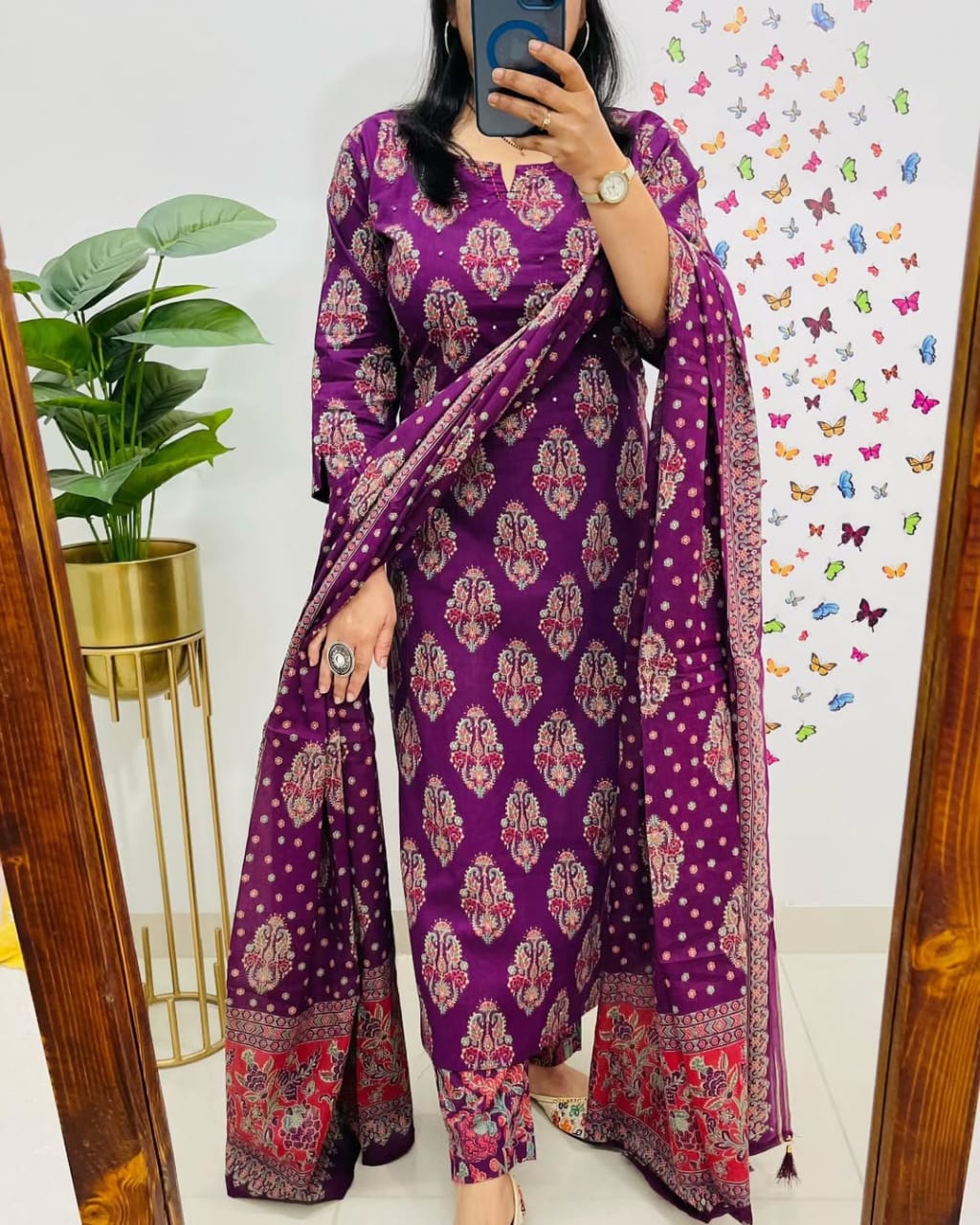 Purple Printed Cotton Straight Kurta Suit With Dupatta