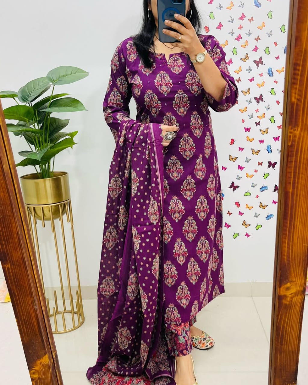 Purple Printed Cotton Straight Kurta Suit With Dupatta