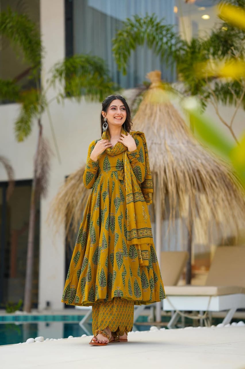 Pure Cotton Anarkali Kurta and Pant With Dupatta