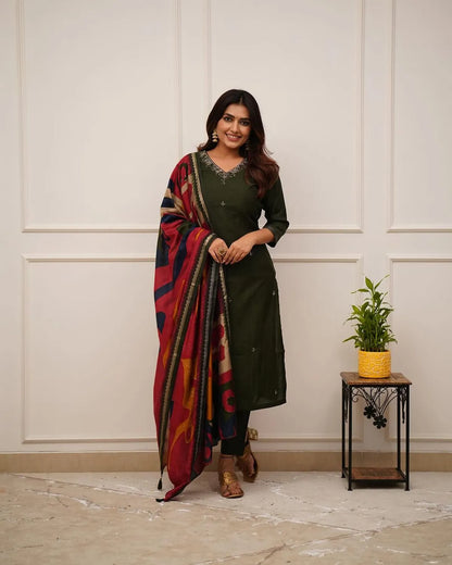 Beautiful Embroidery Work Green Kurta and Pant With Dupatta