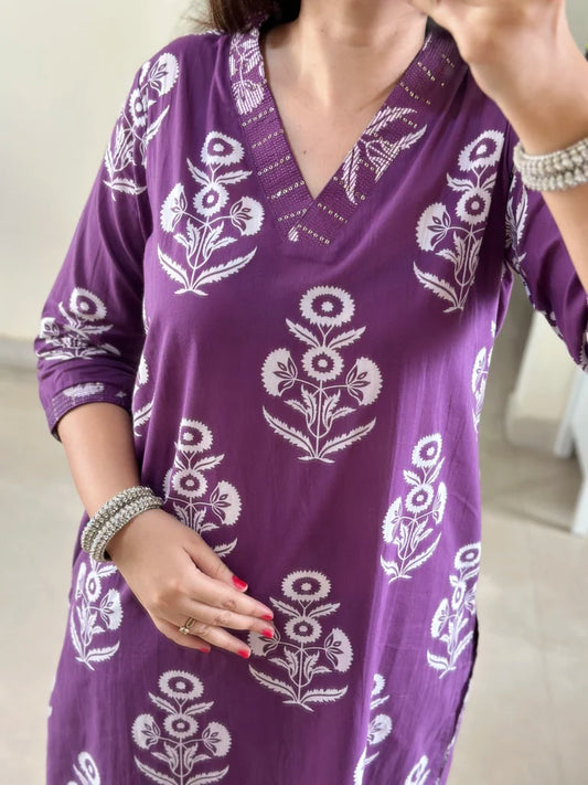 Purple color cotton block print suit set