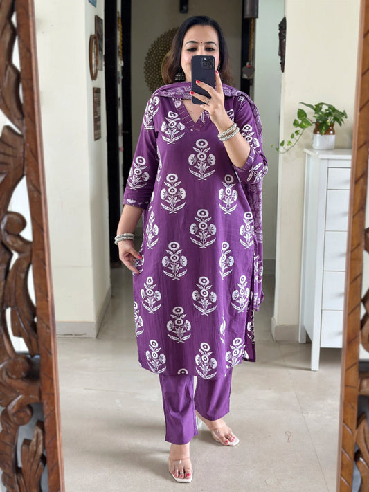 Purple color cotton block print suit set