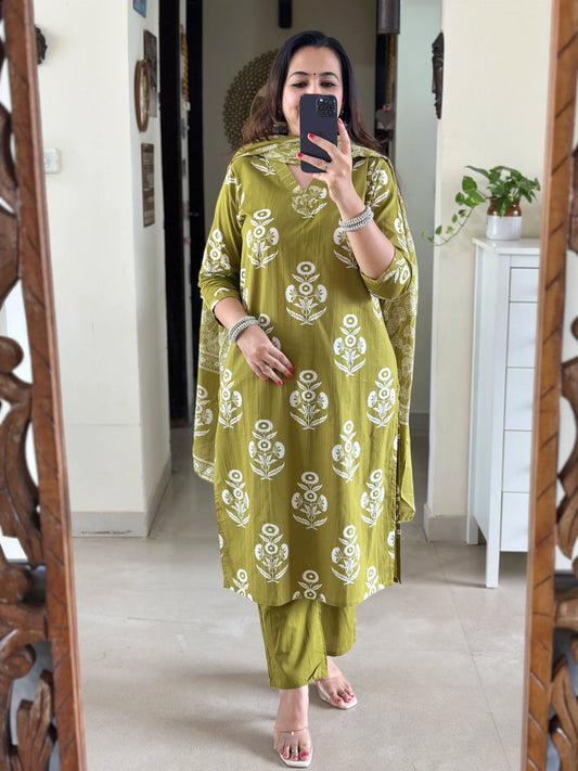 Dark green color cotton block print suit set