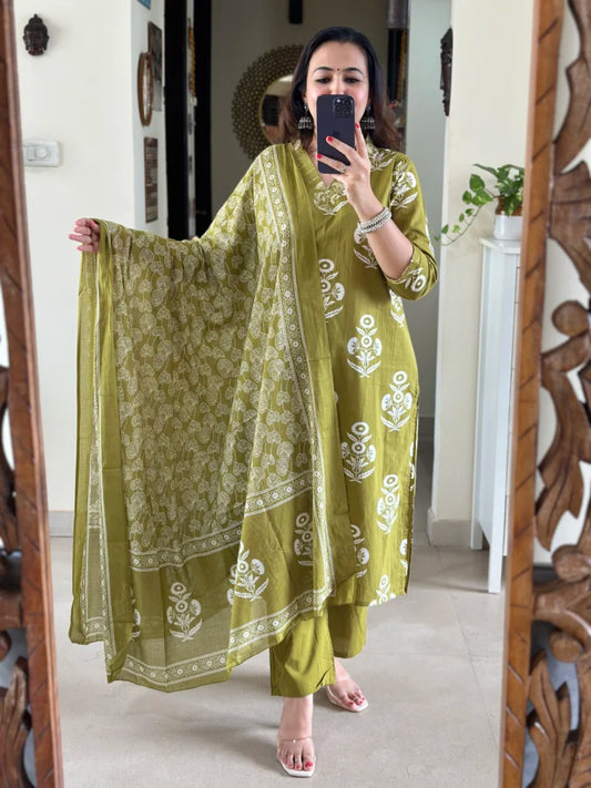Dark green color cotton block print suit set
