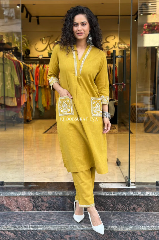 Yellow Pure Cotton Embroidery Kurta and Pant Set for women's