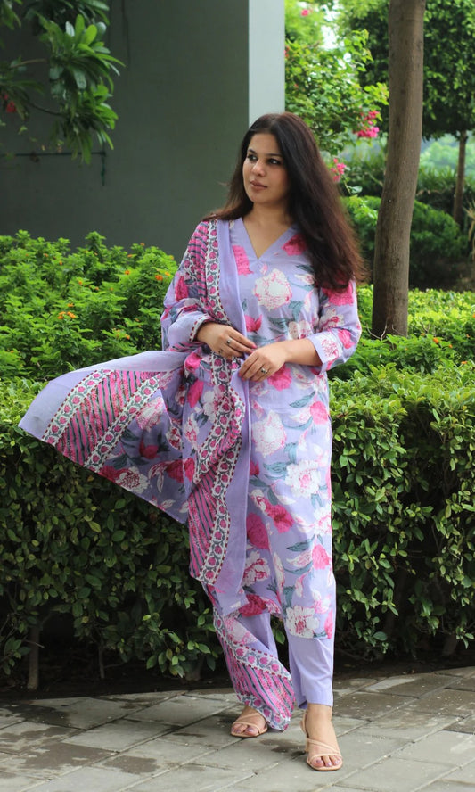 Women Purple Pure Cotton Kurta And Pant With Dupatta