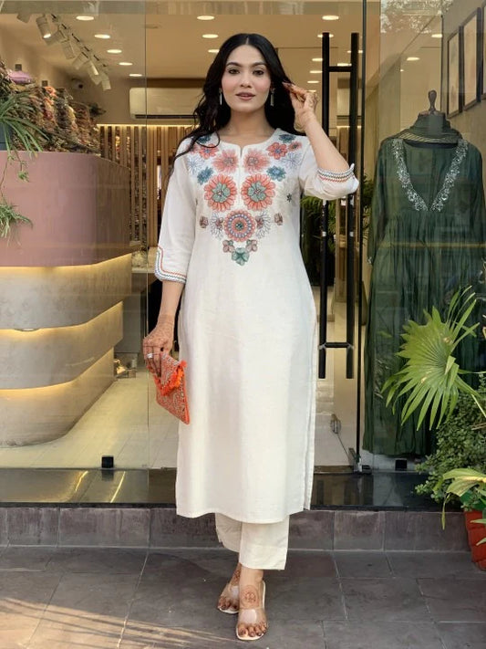 Off-white Khadi Cotton Suit Set for Women – Heavy Embroidery