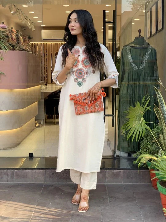 Off-white Khadi Cotton Suit Set for Women – Heavy Embroidery