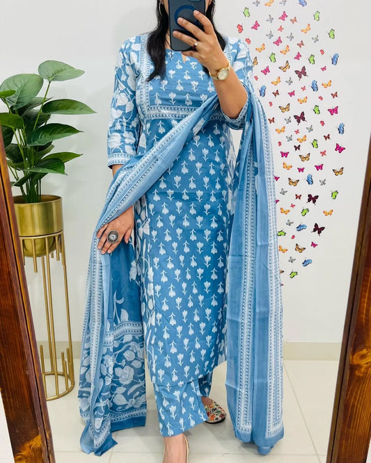 Sky Blue Cotton Kurta Pant With Dupatta