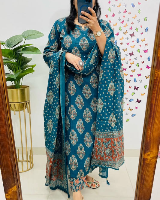 Blue Printed Cotton Straight Kurta Suit With Dupatta