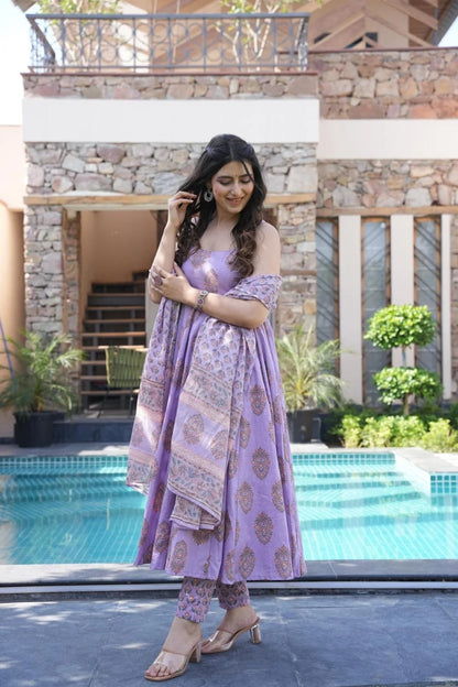 Beautiful Pure Cotton Purple Lavender Anarkali Kurta And Pant With Dupatta