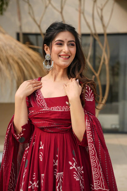 Red Cotton Anarkali Kurta and Palazoo With Dupatta