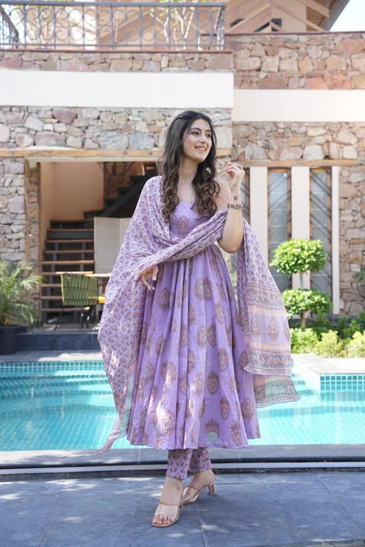 Beautiful Pure Cotton Purple lavender Anarkali Kurta and Pant With Dupatta