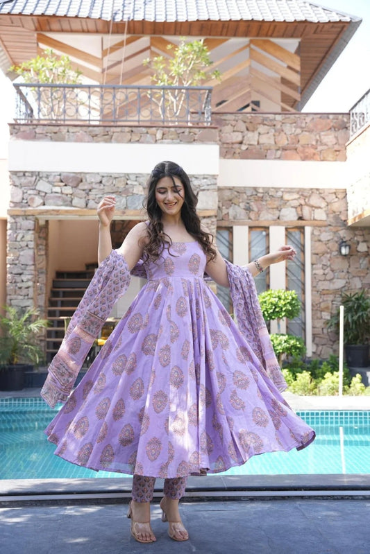 Beautiful Pure Cotton Purple lavender Anarkali Kurta and Pant With Dupatta