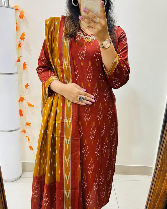 Maroon Beautiful Pure Cotton Kurta and Pant With Dupatta