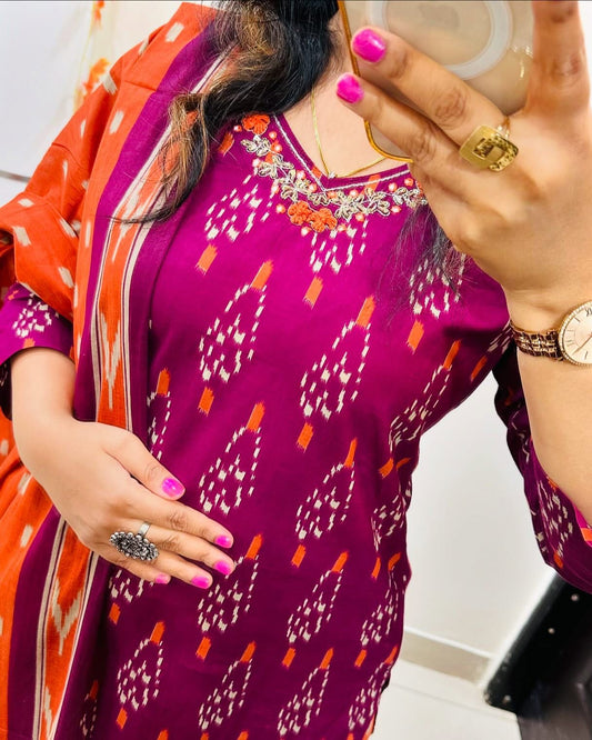 Beautiful Purple Pure Cotton Kurta And Pant With Dupatta