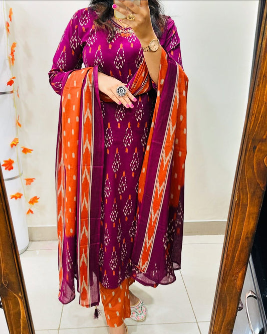 Beautiful Purple Pure Cotton Kurta and Pant With Dupatta