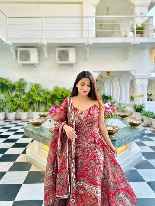 Beautiful Red Pure Cotton Anarkali Kurta With Dupatta
