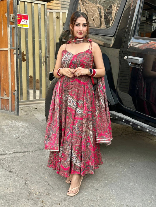 Beautiful Red Pure Cotton Anarkali Kurta With Dupatta