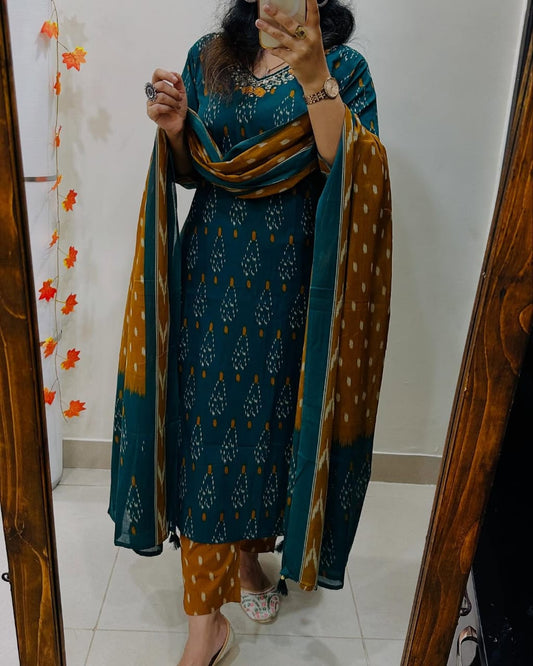 Women Cotton Embroidery Kurta and Pant With Dupatta
