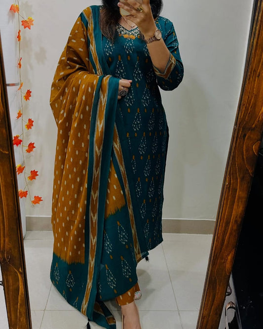Women Cotton Embroidery Kurta and Pant With Dupatta