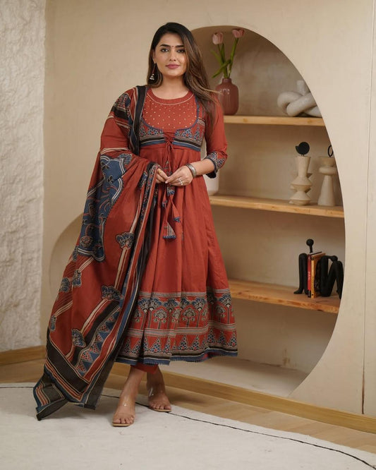 Beautiful Pure Cotton  Anarkali Kurta and Pant With Dupatta (Hand Work)