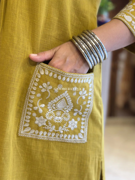 Yellow Pure Cotton Embroidery Kurta and Pant Set for women's